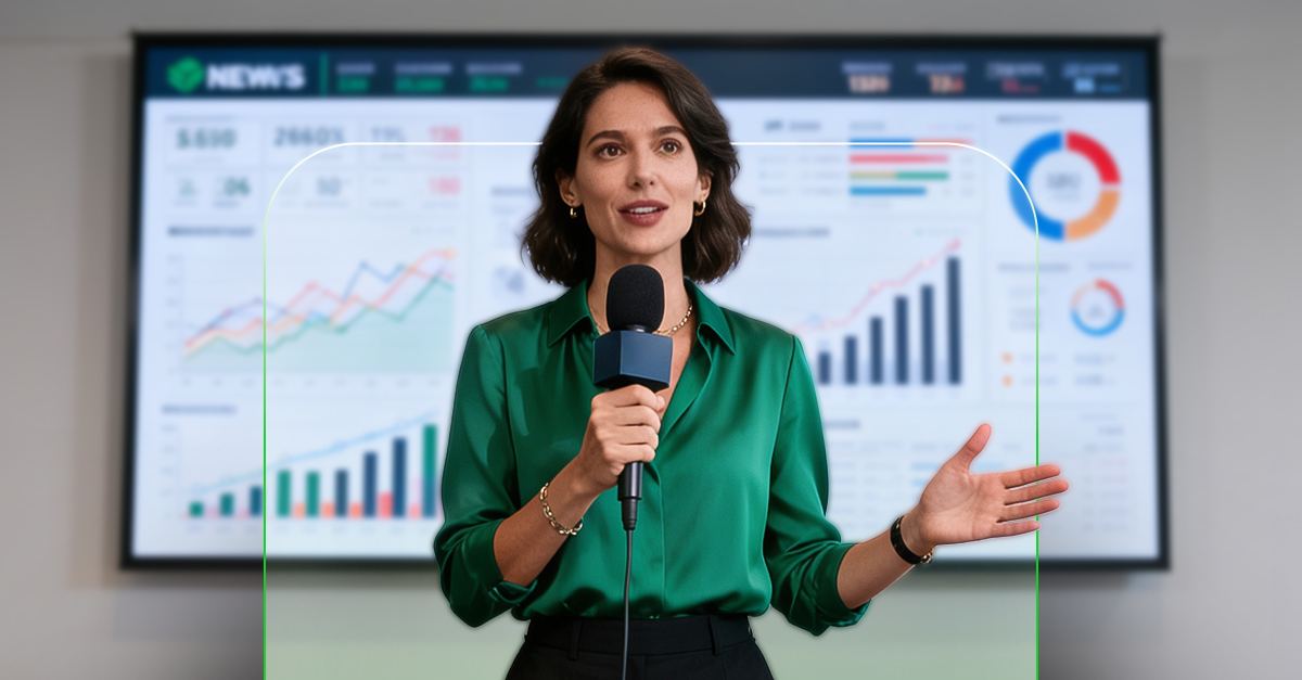 Presenter in front of a screen of charts