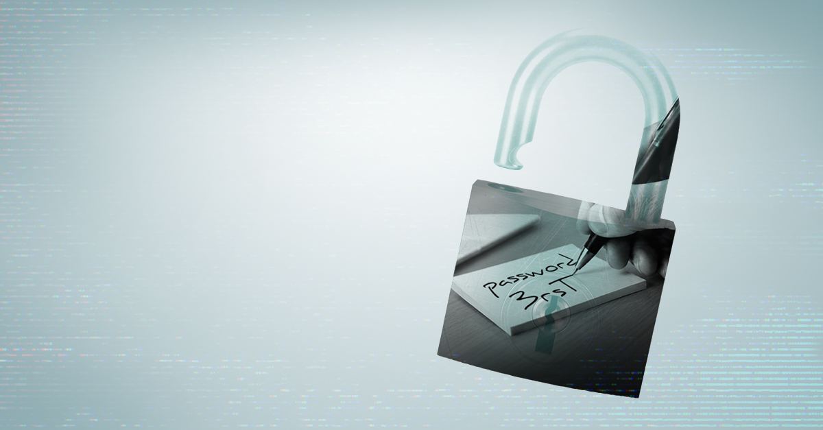 Open padlock with a sticky note reading password123